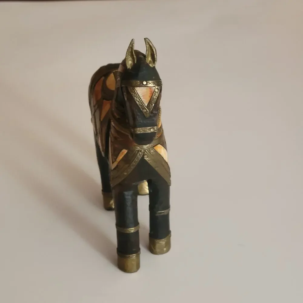 Vintage Carved Wood with Hammered Brass & Stone Inlay Armored War Horse Figure